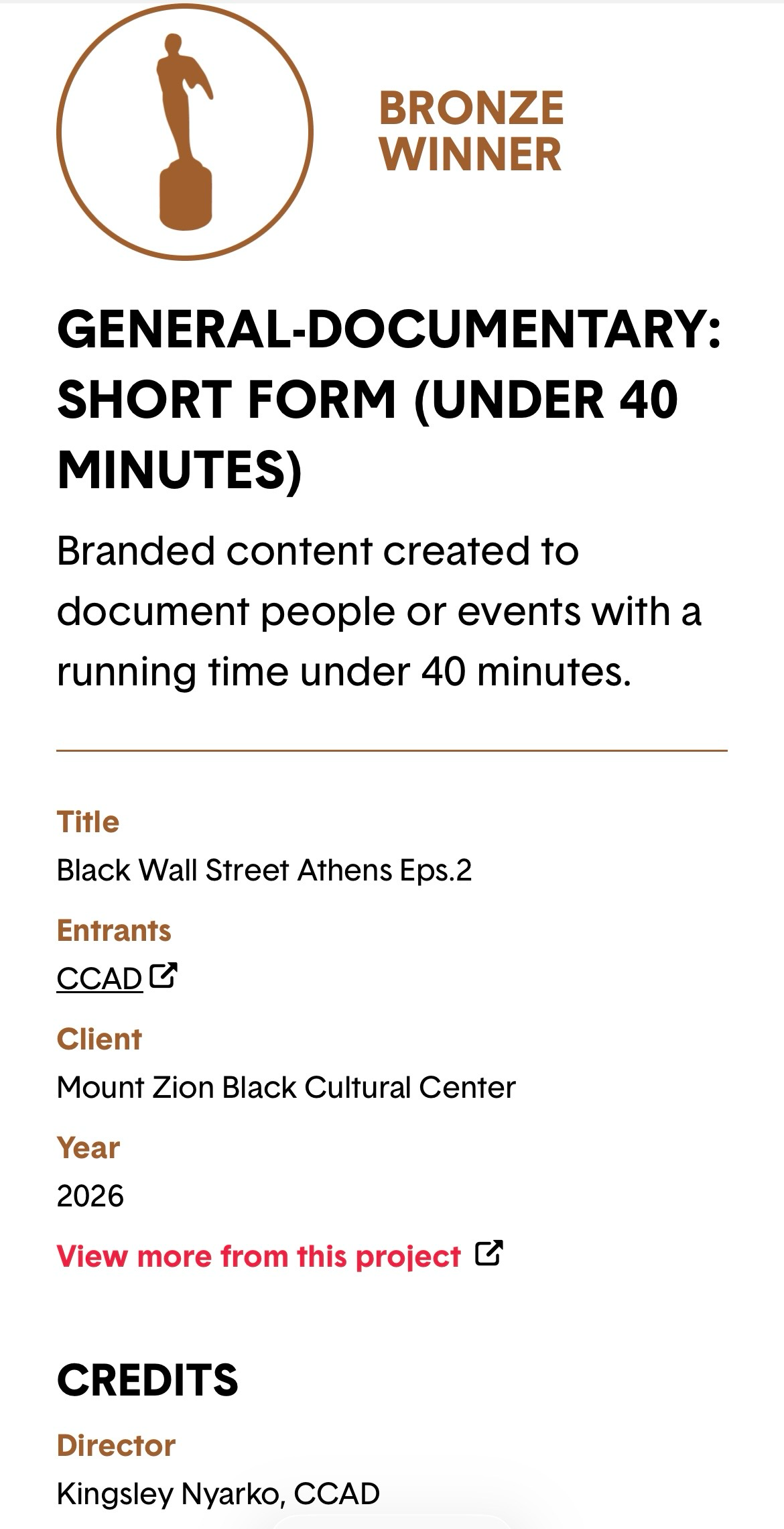 Official Telly Awards listing confirming Black Wall Street Athens Episode 2 as a 2026 Bronze Winner