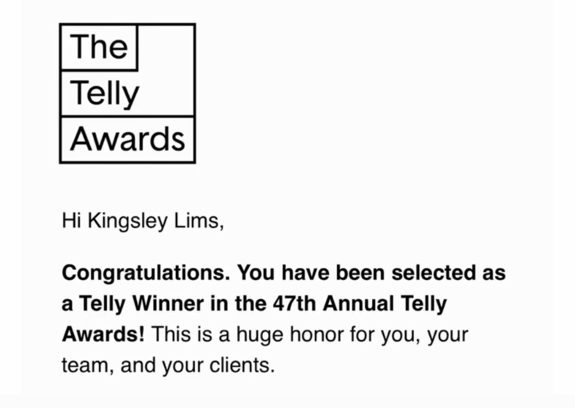 Telly Awards congratulatory email confirming the project selection